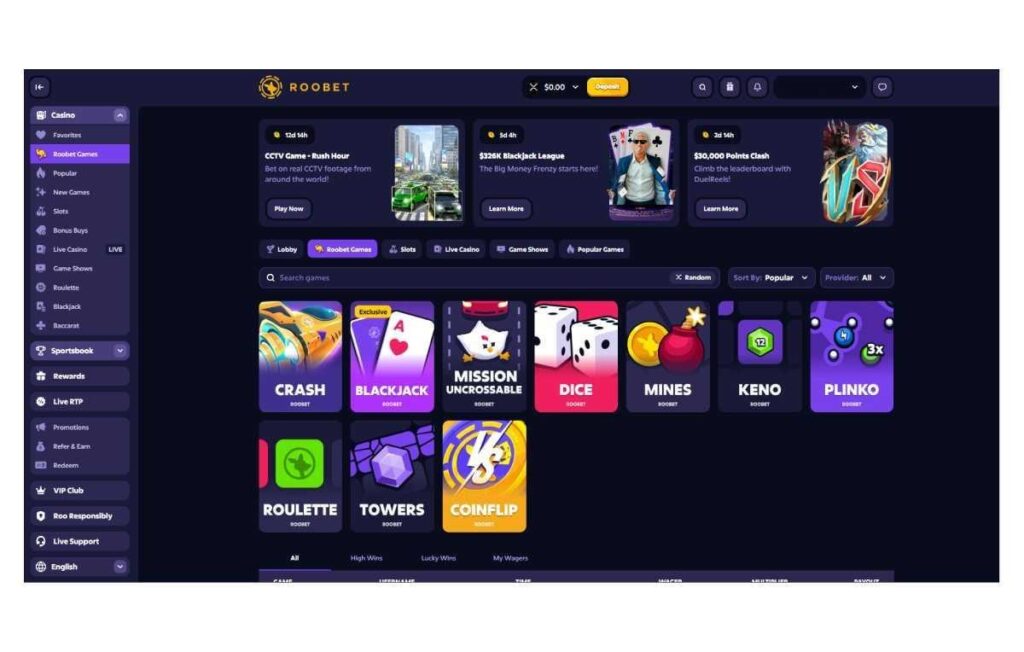 Roobet Games page, with sidebar
